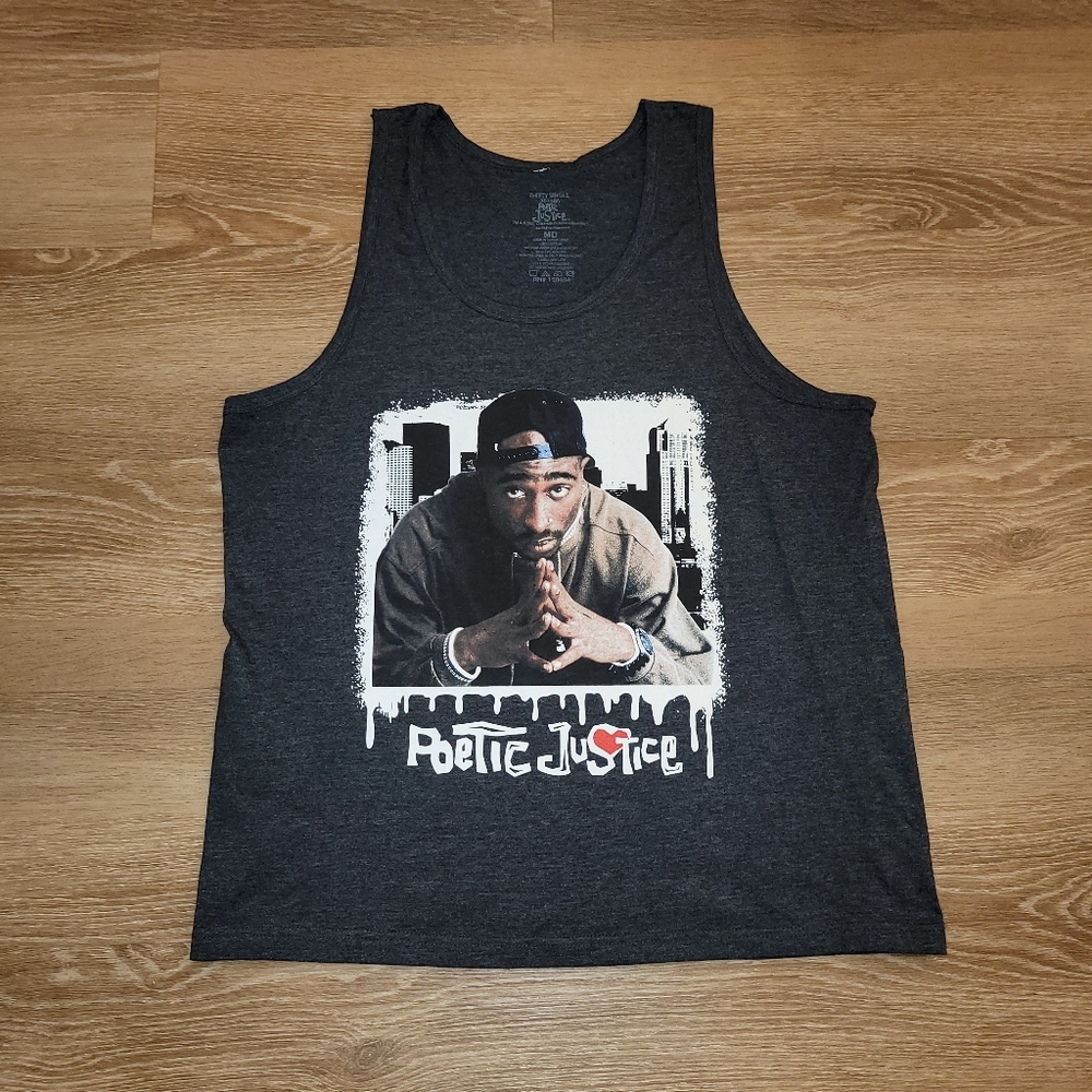 Tupac Shakur 2Pac Poetic Justice Gray Graphic Print Tank Top Mens Size Medium